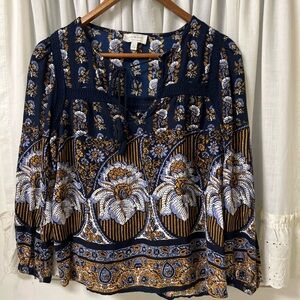 Lucky Brand Floral Bohemian Navy Blouse